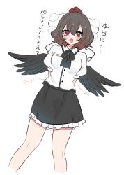  1girl arms_behind_back bird_wings black_bow black_bowtie black_hair black_skirt black_wings blush bow bowtie collared_shirt commentary_request cowboy_shot cropped_legs frilled_skirt frills hat highres necono_(nyu6poko) open_mouth pom_pom_(clothes) puffy_short_sleeves puffy_sleeves red_eyes red_hat shameimaru_aya shirt short_hair short_sleeves simple_background skirt solo tokin_hat touhou translation_request white_background white_shirt wings 