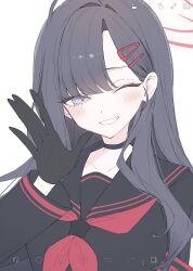  1girl black_choker black_gloves black_hair black_sailor_collar blue_archive blush choker commentary_request gloves grey_eyes grin hair_ornament hairclip hairpin halo hand_up highres hk_nnm ichika_(blue_archive) long_hair long_sleeves looking_at_viewer neckerchief one_eye_closed red_halo red_neckerchief sailor_collar simple_background smile solo upper_body white_background 