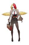  1girl animal_on_head bird bird_on_head black_gloves blonde_hair coat earrings feathered_wings full_body gloves hand_on_own_hip highres jewelry ldschem16 looking_at_viewer multicolored_hair necktie niwatari_kutaka on_head open_clothes open_coat red_eyes red_necktie redhead shirt simple_background solo touhou two-tone_hair white_background white_shirt wings 