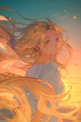 1girl absurdres arms_behind_back blonde_hair blue_eyes blush breasts closed_mouth commentary_request dress floating_hair from_behind highres horizon kofune_ushio looking_at_viewer medium_breasts outdoors short_sleeves smile solo summertime_render sunset tidsean upper_body white_dress 