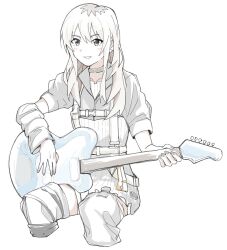  1girl arm_warmers belt black_arm_warmers black_choker black_footwear boots choker commentary cropped_legs earclip electric_guitar fender_jazzmaster girls_band_cry grey_eyes grey_hair guitar hair_between_eyes hashtag-only_commentary highres holding holding_guitar holding_instrument instrument kawaragi_momoka long_hair looking_at_viewer multicolored_hair n_nai_nai_n open_mouth roots_(hair) short_sleeves sidelocks simple_background single_arm_warmer sitting solo thigh_boots white_background 