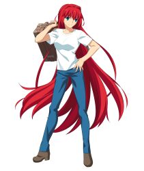  1girl ahoge anime_coloring aozaki_aoko blue_eyes blue_pants breasts brown_footwear buckle casual closed_mouth denim game_cg gradient_pants hair_between_eyes hair_intakes hand_on_own_hip highres holding holding_suitcase jeans large_breasts legs_apart long_hair looking_to_the_side melty_blood melty_blood:_type_lumina narrow_waist non-web_source official_art pants redhead shirt short_sleeves simple_background skinny solo standing straddling straight_hair suitcase t-shirt tachi-e takeuchi_takashi transparent_background tsukihime tsukihime_(remake) type-moon very_long_hair white_shirt white_sleeves 