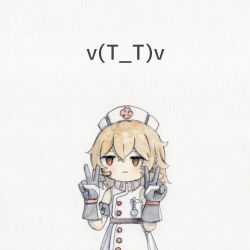  1girl :| absurdres black_gloves blonde_hair bone_71 braid buttons closed_mouth collared_dress double-parted_bangs double_v dress emoticon gloves hands_up hat headset highres no_nose nurse nurse_cap nurse_robot_type_t orange_eyes painting_(medium) short_hair side_braids simple_background sleeveless sleeveless_dress solo stopwatch traditional_media two-tone_gloves utau v watercolor_(medium) white_background white_dress white_gloves white_hat 