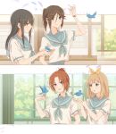  4girls \m/ absurdres animal_on_hand arm_up bird bird_on_hand black_hair blonde_hair blue_bird blue_eyes blue_hair blue_neckerchief blue_sailor_collar blue_skirt blush brown_hair closed_mouth day feathers green_eyes hair_ribbon hand_up hibike!_euphonium highres indoors kasaki_nozomi kitauji_high_school_uniform liz_to_aoi_tori long_hair looking_at_another multiple_girls nakagawa_natsuki neckerchief open_mouth parted_lips pleated_skirt ponytail purple_feathers red_eyes ribbon sailor_collar sawara65 school_uniform serafuku shirt short_sleeves skirt smile tree uniform upper_body violet_eyes watch white_serafuku white_shirt window yellow_ribbon yoroizuka_mizore yoshikawa_yuuko 