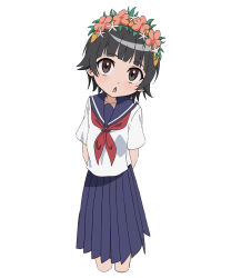  1girl absurdres arms_behind_back black_hair blue_sailor_collar blue_skirt brown_eyes flower_wreath head_wreath highres open_mouth pension_z pleated_skirt sailor_collar sakugawa_school_uniform school_uniform short_hair simple_background skirt solo toaru_kagaku_no_railgun toaru_majutsu_no_index uiharu_kazari white_background 