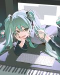  1girl aqua_eyes aqua_hair bare_shoulders blue_eyes blue_hair blush breasts detached_sleeves green_hair green_necktie hair_ornament hatsune_miku headphones keyboard_(computer) kitada_mo long_hair looking_at_viewer monitor necktie open_mouth piano_keys shirt skirt sleeveless smile solo thigh-highs through_medium through_screen tongue twintails very_long_hair vocaloid 