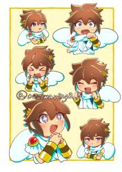  &gt;o&lt; +_+ :t ahoge androgynous angel blue_eyes brown_hair chibi chibi_only expressions kid_icarus kid_icarus_uprising ko_iwari_ngo laurel_crown light_blush outside_border own_hands_clasped own_hands_together pit_(kid_icarus) small_sweatdrop thick_eyelashes twitter_username wings yellow_background 