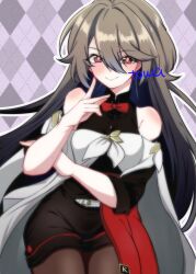  1girl absurdres ahoge bare_shoulders belt blush bow breasts grey_hair hair_between_eyes hand_on_own_cheek hand_on_own_face highres honkai_(series) honkai_impact_3rd kfc long_hair looking_at_viewer off_shoulder official_alternate_costume red_eyes satoyukitowa shirt sidelocks sleeves_rolled_up smile solo thigh-highs vita_(honkai_impact) vita_(kfc)_(honkai_impact) white_belt 