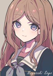  1girl bang_dream! bang_dream!_it&#039;s_mygo!!!!! blue_eyes blue_shirt blush brown_hair character_name closed_mouth collarbone commentary_request corrupted_twitter_file grey_background grey_neckerchief highres long_hair looking_at_viewer nagasaki_soyo neckerchief parted_bangs school_uniform shirt sidelocks simple_background solo tsukinomori_school_uniform upper_body zhong_xiansheng 