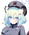  1girl absurdres animal_ear_fluff animal_ears blue_archive blush breasts closed_mouth commentary_request gloves green_hair grey_gloves grey_headwear grey_jacket hair_between_eyes hair_ornament hairclip halo hand_up hat highres jacket looking_at_viewer medium_breasts peaked_cap shigure_(blue_archive) simple_background smile solo sprout_(haji_s) upper_body violet_eyes white_background 
