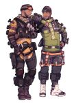  2boys angel_city_hustler_mirage apex_legends belt black_belt black_footwear black_gloves black_pants bodysuit boots brown_hair checkered_clothes checkered_scarf dual_persona fingerless_gloves full_body gloves goggles goggles_on_head green_gloves hair_behind_ear hand_on_own_hip highres looking_to_the_side male_focus mirage_(apex_legends) multiple_boys orange_bodysuit pants pipa_(1pgjsf1) scarf simple_background twitter_username white_background white_footwear 