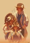  1boy 2girls absurdres animal_ears arknights brown_hair coat crazy_cray eyjafjalla_(arknights) eyjafjalla_the_hvit_aska_(arknights) faceless family father_and_daughter glass goat_ears goat_horns hand_in_pocket highres horns katia_naumann magna_naumann mother_and_daughter multiple_girls ponytail tagme white_coat 