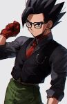  1boy black_eyes black_hair black_shirt black_vest brown_gloves collared_shirt dragon_ball dragon_ball_heroes gloves green_pants highres kometubu0712 medium_hair necktie pants red_necktie shirt simple_background solo son_gohan_(xeno) spiky_hair vest white_background 