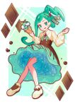  1girl alternate_costume arutarika_(ri_kaoekaki) buttons cherry_hair_ornament chocolate clenched_hand closed_mouth commentary_request eyelashes food food-themed_hair_ornament frills green_eyes green_hair hair_ornament highres holding ice_cream ice_cream_cone lisia_(pokemon) long_sleeves looking_at_viewer pokemon pokemon_oras see-through see-through_sleeves shirt shoes skirt smile socks solo tongue tongue_out 