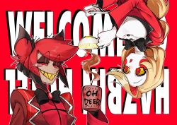  1boy 1girl alastor_(hazbin_hotel) black_hair blonde_hair charlie_morningstar colored_sclera colored_skin commentary_request cup english_text formal grin hazbin_hotel highres holding holding_cup honeko_06 long_hair monocle multicolored_hair red_eyes red_sclera redhead sharp_teeth short_hair smile suit tea teacup teeth upper_body white_skin yellow_sclera 