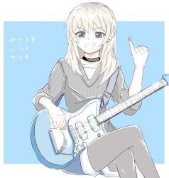  1girl black_choker black_nails black_pantyhose black_sweater blue_background blue_shorts blush border choker collarbone commentary copyright_name earclip electric_guitar fender_jazzmaster girls_band_cry grey_eyes grey_hair guitar holding holding_plectrum instrument invisible_chair kawaragi_momoka long_hair looking_at_viewer multicolored_hair n_nai_nai_n nail_polish open_mouth outside_border pantyhose pantyhose_under_shorts pinky_out plectrum roots_(hair) shorts sitting sleeves_past_elbows solo sweater white_border 