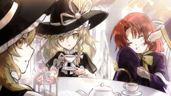  4girls black_capelet black_hat blonde_hair capelet character_request cup hat highres kirisame_marisa kirisame_marisa_(pc-98) looking_at_viewer looking_back multiple_girls purple_capelet purple_hat redhead rokuya_(68_zusao) seihou tea teapot tiered_tray touhou touhou_(pc-98) yellow_eyes 