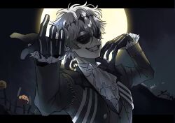  1boy bat_wings bishounen black_crown crown dress_shirt fence foreshortening formal full_moon graveyard halloween jack-o&#039;-lantern jack_skellington jacket jukuta_tsu long_sleeves looking_at_viewer male_focus moon moonlight pinstripe_pattern pinstripe_suit pointing pointing_at_viewer pumpkin round_eyewear shirt short_hair skeleton skeleton_print smile smirk solo stitches striped_clothes striped_jacket suit sunglasses the_nightmare_before_christmas twisted_wonderland upper_body white_hair wings 