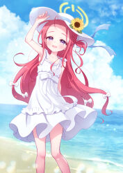  1girl arm_up armpits bare_shoulders beach blue_archive bow braid clouds commentary_request dress flower_in_hat forehead halo hat highres long_hair ocean redhead single_braid sky smile solo sun_hat sundress twitter_username violet_eyes water wavy_hair white_bow white_dress white_hat wodaex yellow_halo yuzu_(blue_archive) 