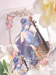  1girl artist_name bare_shoulders blue_hair cello character_name closed_eyes closed_mouth dress earrings flower fu_hua grey_dress grey_flower grey_hair hair_between_eyes hair_flower hair_ornament holding holding_instrument honkai_(series) honkai_impact_3rd instrument jewelry leaf long_hair sample_watermark single_earring sleeveless sleeveless_dress smile solo sougishi_ego star_(symbol) tree_print twitter_username watermark white_dress white_flower 