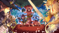  5girls animal_ears apple asymmetrical_jacket beret black-framed_eyewear black_gloves black_hair black_robe black_thighhighs blonde_hair blue_eyes bodysuit braid braided_hair_rings breasts brown_hair calstone_light_o_(umamusume) claymore_(sword) crown_braid durandal_(chevalier_fidele)_(umamusume) durandal_(umamusume) ear_covers epaulettes fingerless_gloves food frilled_bodysuit fruit fur-trimmed_gloves fur-trimmed_jacket fur-trimmed_shorts fur-trimmed_vest fur_trim glasses gloves green_hat green_jacket hair_between_eyes hair_rings hair_tuft hat highres holding holding_sword holding_weapon horse_ears horse_girl horse_tail jacket kerowe long_hair long_sleeves mage_staff multicolored_hair multiple_girls purple_vest robe shinko_windy_(umamusume) shinko_windy_(wicked_punk)_(umamusume) shirt shorts single_ear_cover skirt sleeveless sleeveless_jacket staff stage sweep_tosho_(platanus_witch)_(umamusume) sweep_tosho_(umamusume) sword tail teeth thigh-highs thigh_strap torn_clothes torn_shirt tree_costume twintails two-tone_hair umamusume vest weapon white_bodysuit white_gloves white_hair witch_hat yellow_eyes zenno_rob_roy_(heroic_author)_(umamusume) zenno_rob_roy_(umamusume) 