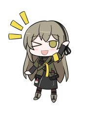  &gt;_o 1girl arm_up armband chibi commission commissioner_upload full_body girls_frontline green_eyes highres id_card jacket light_brown_hair long_hair long_sleeves looking_at_viewer non-web_source one_eye_closed open_mouth randgriz96 simple_background smile solo standing ump40_(girls&#039;_frontline) walkie-talkie white_background yellow_armband 