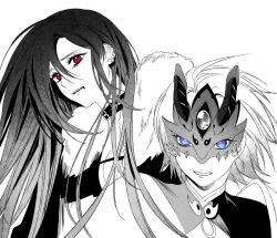  1boy 1girl black_hair blue_eyes choker earrings easel_(dam0628) fate/grand_order fate_(series) fur_trim highres horned_mask jewelry long_hair looking_at_another mask monochrome parted_lips prince_of_lan_ling_(fate) red_eyes short_hair simple_background white_background yu_mei-ren_(fate) 