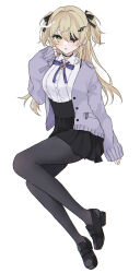  1girl absurdres alternate_costume black_choker black_footwear black_pantyhose black_skirt blonde_hair choker collared_shirt eyepatch fischl_(genshin_impact) full_body genshin_impact green_eyes hair_ribbon highres jacket loafers long_hair long_sleeves looking_at_viewer maguro_(minase1684) open_clothes open_jacket pantyhose parted_lips purple_jacket ribbon school_uniform shirt shoes simple_background skirt solo two_side_up white_background white_shirt 