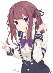  &gt;:) 1girl artist_name blue_ribbon bow bowtie buttons cevio closed_mouth collared_shirt dress_shirt hair_ribbon highres long_hair mole mole_under_eye natsuki_karin pink_hair purple_bow purple_bowtie ribbon shirt simple_background smile solo split_mouth synthesizer_v twintails v v-shaped_eyebrows white_background white_shirt yoriha_yashiro 