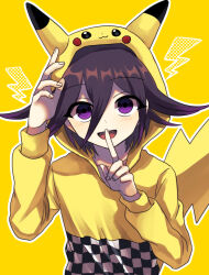  1boy animal_ears checkered_clothes commentary_request cosplay danganronpa_(series) danganronpa_v3:_killing_harmony finger_to_mouth flipped_hair hair_between_eyes hands_up happy highres hood hoodie light_blush lightning_bolt_symbol long_sleeves looking_at_viewer male_focus nacoru oma_kokichi open_mouth outline pikachu pikachu_(cosplay) pikachu_ears pikachu_hood pikachu_tail pokemon pokemon_tail purple_hair ringed_eyes short_hair shushing simple_background smile solo tail upper_body violet_eyes white_outline yellow_background yellow_hoodie yellow_theme 