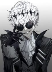  1boy bishounen black_crown black_gloves crown formal gloves highres jack_skellington jacket kkheicho long_sleeves male_focus pinstripe_pattern pinstripe_suit red_eyes short_hair skeleton_print smile smirk solo stitches striped_clothes striped_jacket suit the_nightmare_before_christmas twisted_wonderland twitter_username white_hair 