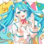  1girl aqua_eyes aqua_hair aqua_nails bow bowtie diamond_hair_ornament hair_ornament hatsune_miku highres long_hair long_sleeves looking_at_viewer miku_day open_mouth pink_bow pink_bowtie pink_nails pochimaru_(marumaru_wanwan) shirt smile solo twintails very_long_hair vocaloid white_shirt 