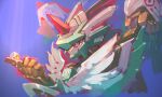  armor blue_background broken_egg digimon digimon_(creature) feathered_wings garmmy green_armor horns knight mechanical_wings no_humans single_horn upper_body violet_eyes wings yolkmon zephagamon 