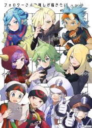  2girls 6+boys ahoge anidf beanie black_coat black_shirt blonde_hair blue_hair blue_mittens blue_scarf brawly_(pokemon) brendan_(pokemon) brown_hair character_name closed_mouth coat courtney_(pokemon) cynthia_(pokemon) emmet_(pokemon) eyewear_on_head fake_horns fingerless_gloves followers_favorite_challenge gladion_(pokemon) gloves green_eyes green_hair grey_eyes grusha_(pokemon) hair_ornament hair_over_one_eye hand_up hands_up hat highres holding hood hood_up hooded_vest hoodie horns ingo_(pokemon) jacket long_hair looking_at_viewer mittens multiple_boys multiple_drawing_challenge multiple_girls n_(pokemon) open_mouth pointing pokemon pokemon_adventures pokemon_bw pokemon_dppt pokemon_oras pokemon_sm pokemon_sv purple_hair red_jacket scarf shirt short_hair steepled_fingers striped_clothes striped_scarf sunglasses translation_request undershirt vest violet_eyes white_coat white_gloves white_hat yellow_jacket 