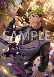  1boy belt black_hair black_shirt blonde_hair cake copyright_name dark-skinned_male dark_skin ear_piercing food glass holding holding_food kanengomi kurococco_(vantacrow_bringer) lapels male_focus multicolored_hair nijisanji nijisanji_en notched_lapels official_art one_eye_closed petals piercing purple_belt sample_watermark shirt solo streaked_hair tattoo vantacrow_bringer vest violet_eyes virtual_youtuber watermark 