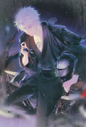  1boy absurdres arm_support black_jacket black_pants blue_eyes blurry collarbone commentary_request cowboy_shot fogged_glasses from_side gojou_satoru grey_hair helmet highres holding holding_removed_eyewear jacket jacket_on_shoulders japanese_clothes jujutsu_kaisen kimono motor_vehicle motorcycle night original outdoors pants short_hair sitting smile solo unworn_eyewear water white_hair zararol 