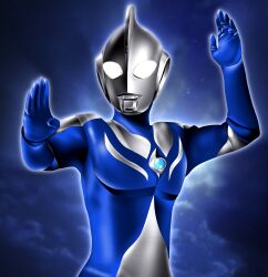  1boy alien arm_up artist_name aura clouds cloudy_sky color_timer compound_eyes dorsal_fin fighting_stance forehead_jewel glowing glowing_eyes hanejidyna86 highres looking_ahead male_focus night night_sky no_humans pectorals sky solo star_(sky) starry_sky tokusatsu twitter_username ultra_series ultraman_cosmos ultraman_cosmos_(luna_mode) ultraman_cosmos_(series) upper_body white_eyes 