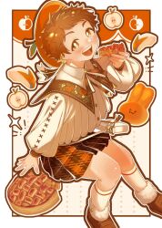  ! !! 1boy :d apple apple_pie apple_rabbit blush boots border bright_pupils brown_eyes brown_footwear brown_hair brown_outline brown_ribbon brown_skirt collared_shirt commentary_request cross-laced_clothes cross-laced_sleeves crossdressing ensemble_stars! fingernails floral_print food food-themed_hat food_art from_side fruit fur-trimmed_boots fur_trim hand_up hat head_tilt highres holding holding_food inset_border invisible_chair kneehighs long_sleeves looking_at_viewer looking_to_the_side looking_up male_focus neck_ribbon omame_(pixiv43568650) open_mouth outside_border partial_commentary pie pie_slice plaid_clothes plaid_skirt pleated_skirt puffy_long_sleeves puffy_sleeves raised_eyebrows red_hat ribbon shirt short_hair sideways_glance sitting skirt smile socks solo star_(symbol) tareme teeth tenma_mitsuru upper_teeth_only very_short_hair white_background white_bag white_border white_pupils white_shirt white_socks 