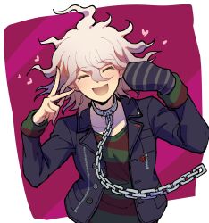  1boy black_jacket chain collar collarbone danganronpa_(series) danganronpa_another_episode:_ultra_despair_girls grey_hair hair_between_eyes heart highres jacket komaeda_nagito long_sleeves male_focus medium_hair messy_hair metal_collar open_clothes open_jacket open_mouth servant_(danganronpa) shirt smile solo striped_clothes striped_shirt v vertical-striped_mittens youko-shima 