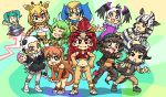  6+girls animal_ears bandana black_eyes black_hair blonde_hair blue_hair brown_eyes brown_hair eiriyan_(kemono_friends) extra_ears feathered_wings green_eyes green_hair hat head_wings headphones highres horns juuou_elephant_(kemono_friends) juuou_giraffe_(kemono_friends) juuou_gorilla_(kemono_friends) juuou_hippopotamus_(kemono_friends) juuou_lion_(kemono_friends) juuou_mongoose_(kemono_friends) juuou_ostrich_(kemono_friends) juuou_vulture_(kemono_friends) juuou_wildebeest_(kemono_friends) juuou_zebra_(kemono_friends) kemono_friends long_hair looking_at_viewer multiple_girls red_eyes redhead ribbon short_hair simple_background srd_(srdsrd01) tail ufo white_hair wings 