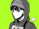  1girl apron beanie blunt_bangs choppy_bangs commentary english_commentary green_background green_eyes greyscale_with_colored_background hat hood hood_up hoodie je.rm5 kininatteru_hito_ga_otoko_ja_nakatta koga_mitsuki looking_at_viewer mask mole mole_under_eye mouth_mask portrait solo spot_color 