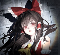  1girl arm_belt ascot bare_shoulders belt bow bright_pupils brown_hair chinese_commentary collarbone collared_vest commentary_request detached_sleeves expressionless eyelashes frilled_bow frilled_hair_tubes frilled_sleeves frills hair_between_eyes hair_bow hair_tubes hakurei_reimu highres light_blush lips long_hair looking_at_viewer newspaper parted_lips pink_lips qipatong_xiaotong red_belt red_bow red_eyes red_vest shadow sidelocks solo teeth touhou upper_body very_long_hair vest vignetting white_pupils white_sleeves yellow_ascot 