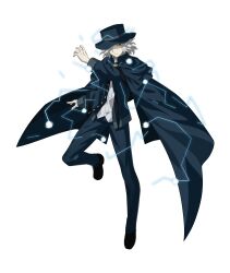  1boy anime_coloring ascot black_footwear blue_ascot blue_cape blue_capelet blue_cloak blue_hat blue_jacket blue_pants blue_sleeve_cuffs blue_sleeves blue_theme boater_hat brooch buttoned_cuffs buttons cape capelet claw_pose cloak closed_mouth collar collared_capelet collared_shirt dress_shirt edmond_dantes_(fate) fate/grand_order fate_(series) fingernails formal frown game_cg gradient_pants grey_hair hair_over_one_eye hat highres jacket jewelry layered_clothes leg_up legs_apart lightning male_focus medium_hair melty_blood melty_blood:_type_lumina non-web_source o-ring_footwear official_art open_clothes open_hands open_jacket pale_skin pants shirt simple_background sleeve_cuffs solo standing standing_on_one_leg takeuchi_takashi transparent_background tsukihime tsukihime_(remake) type-moon wavy_hair white_collar white_shirt wing_collar yellow_eyes 
