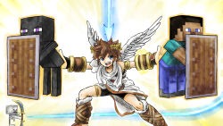  angel angel_wings arrow_(projectile) bike_shorts blue_eyes bow_(weapon) brown_hair enderman green_shirt holding holding_bow_(weapon) holding_weapon kicdon kid_icarus kid_icarus_uprising laurel_crown male_focus minecraft minecraft_shield pit_(kid_icarus) shield shirt skeleton_(minecraft) steve_(minecraft) super_smash_bros. weapon wings 