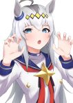  1girl :o absurdres ahoge animal_ears blue_eyes blue_sailor_collar blush claw_pose grey_hair hairband han_kasu highres horse_ears horse_girl long_hair looking_at_viewer neckerchief oguri_cap_(umamusume) red_neckerchief sailor_collar simple_background solo umamusume upper_body white_background 