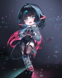  1girl absurdres animal_ear_piercing animal_ears aqua_eyes aqua_jacket artist_name black_gloves black_hair black_pantyhose black_shorts black_thighhighs boots chibi chibi_only fang fingerless_gloves fur-trimmed_jacket fur_trim gloves highres jacket jane_doe_(zenless_zone_zero) long_hair mouse_ears mouse_girl mouse_tail multicolored_hair pantyhose redhead ringeko-chan shorts single_leg_pantyhose single_tear skin_fang smile solo standing standing_on_one_leg tail thigh-highs thighs torn_clothes torn_pantyhose torn_thighhighs two-tone_hair zenless_zone_zero 