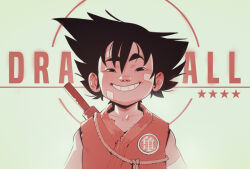  1boy bandaid bandaid_on_cheek bandaid_on_face bandaid_on_forehead black_eyes black_hair commentary copyright_name dougi dragon_ball dragon_ball_(classic) grin male_focus max_grecke portrait ruyi_jingu_bang smile solo son_goku star_(symbol) 