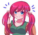  1girl :d blush breasts brown_sleeves bunching_hair collarbone dot_nose elf green_tunic grin hair_between_eyes highres link_(shounen_captain) long_bangs long_hair looking_at_viewer medium_breasts nonoworks pink_hair pointy_ears sidelocks signature simple_background smile solo swept_bangs the_legend_of_zelda the_legend_of_zelda_(nes) twintails twintails_day upper_body watermark white_background 