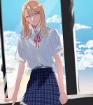  1girl absurdres blonde_hair clouds collared_shirt commentary_request day hair_between_eyes highres hirako_daishougun long_hair looking_at_viewer neck_ribbon original parted_lips plaid plaid_skirt pleated_skirt red_ribbon ribbon shirt shirt_tucked_in short_sleeves sitting skirt sky solo unmoving_pattern white_shirt yellow_eyes 