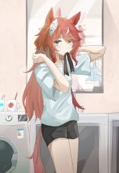  1girl alternate_costume alternate_hairstyle animal_ears blush breasts cheval_grand_(umamusume) commentary_request gou_ren hair_between_eyes hair_ornament highres horse_ears horse_girl looking_at_viewer mirror open_mouth shirt shorts solo_focus umamusume win_variation_(umamusume) 